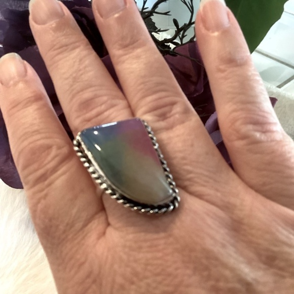 Asymmetrical Rainbow Quartz sz 9 Ring Blue Green Pink Yellow Colorful